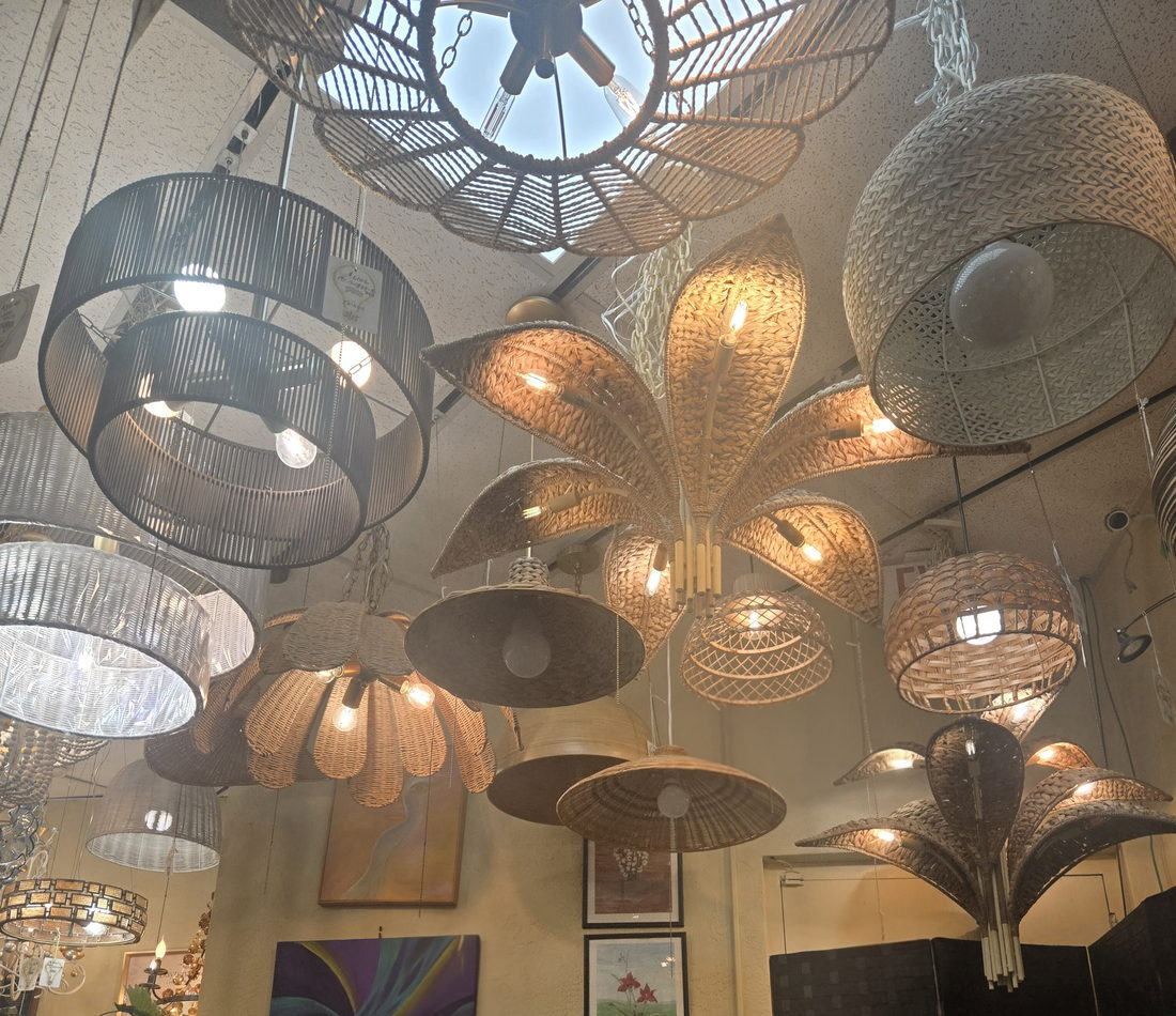 Woven boho pendant lights near the showroom skylight