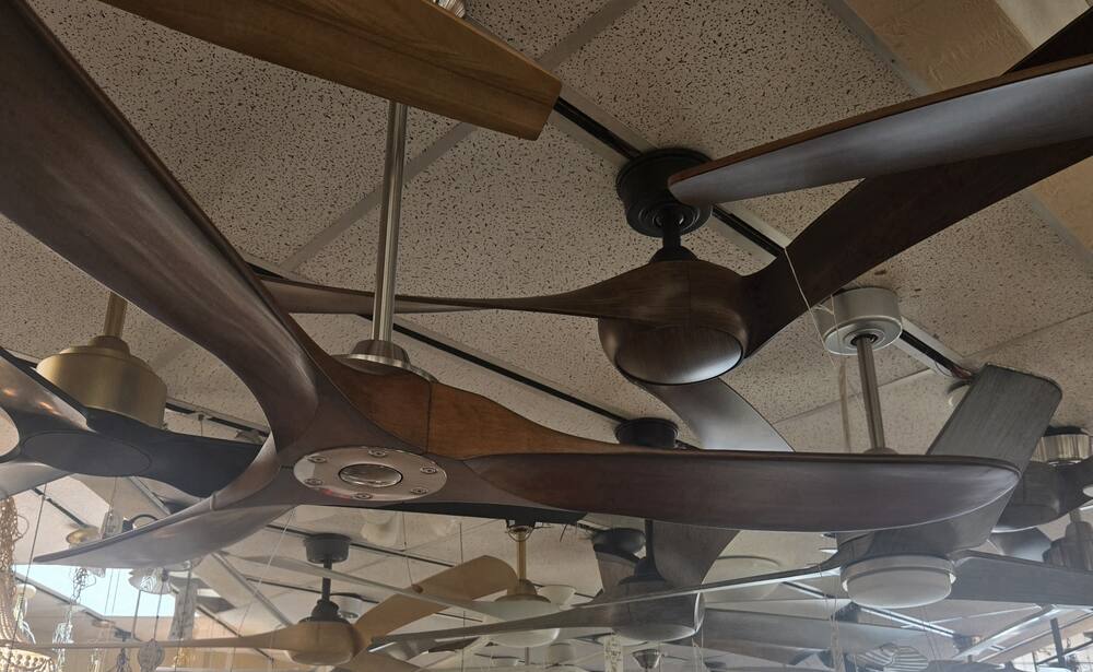 Modern wood-blade ceiling fans on display at Wholesale Lighting
